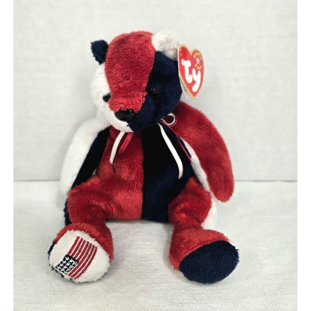 Ty Original Beanie Babies PATRIOT R/W/B Bear w/tags & Flag (7") 2000